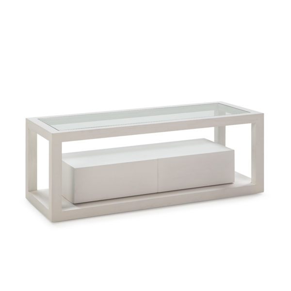 Mueble de televisión diseño moderno madera de cedro blanco con cristal y dos cajones