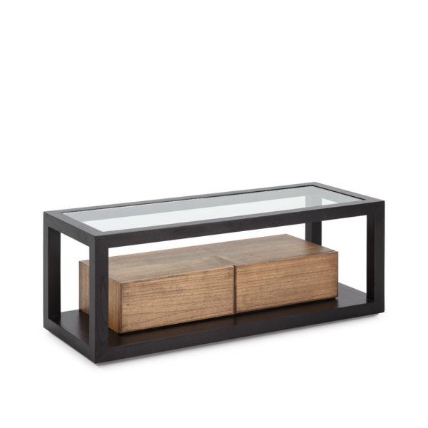 76445/16 Mueble de televisión de diseño moderno 120 madera negro y natural y cristal
