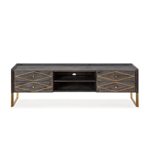 Mueble de televisión diseño vintage madera de abeto gris y metal dorado2