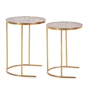 Set dos mesas auxiliares redondas diseño vintage hierro dorado y cristal