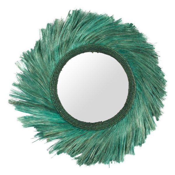 911103 Espejo decorativo de diseño étnico PALU Ø90 fibras naturales color verde esmeralda