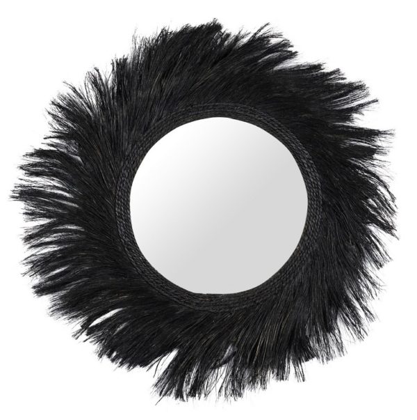 911104 Espejo decorativo de diseño étnico PALU Ø90 fibras naturales color negro
