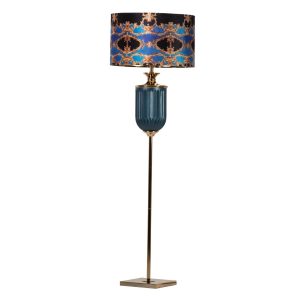Lámpara de pie de diseño art decó metal dorado y cristal azul con pantalla negro azul y dorado