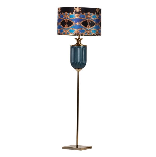 Lámpara de pie de diseño art decó metal dorado y cristal azul con pantalla negro azul y dorado