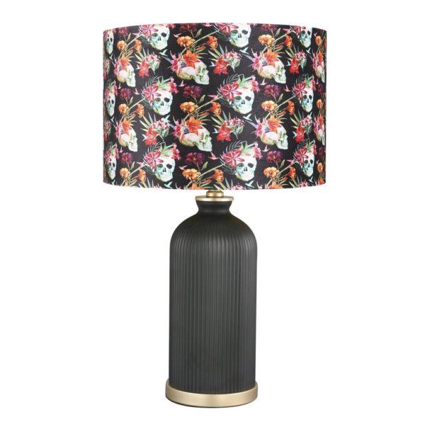 Lámpara de sobremesa de diseño art decó metal dorado y cristal negro con pantalla calaveras multicolor
