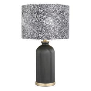 Lámpara de sobremesa de diseño art decó metal dorado y cristal negro con pantalla leopardo
