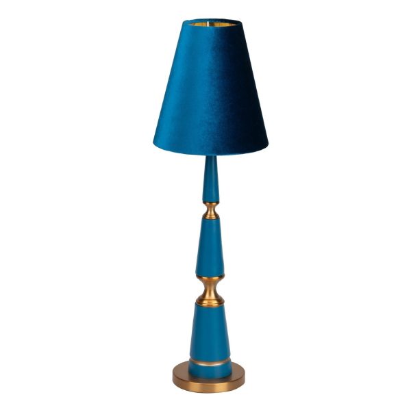 Lámpara de sobremesa de diseño art decó poliresina azul y metal dorado pantalla azul