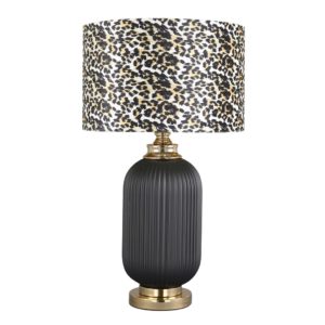 Lámpara de sobremesa diseño art decó cristal negro facetado y metal dorado con pantalla leopardo