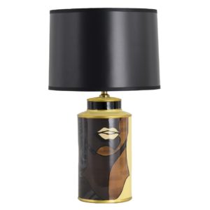 Lámpara de sobremesa diseño vintage art decó cerámica diseño cara marrón, dorado, azul y negro