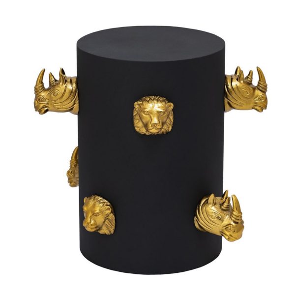 Mesa auxiliar redonda de diseño Art Decó hierro negro y dorado con cabezas animales
