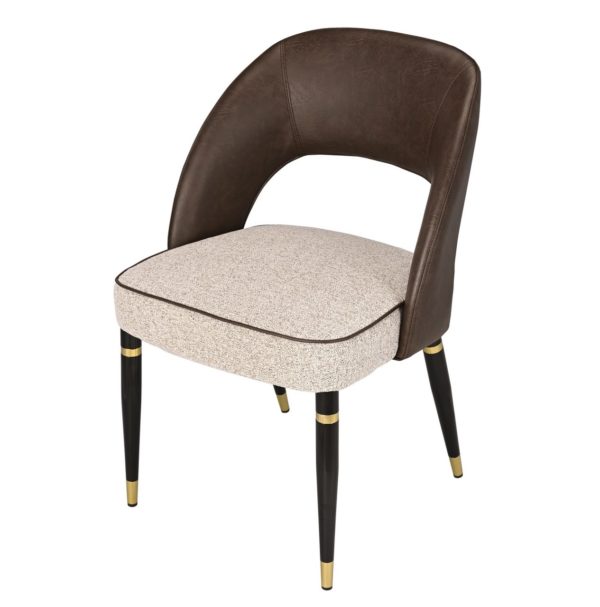 902027 Silla de diseño vintage HOUSTON polipiel marrón y tela beige con patas de hierro negro y dorado