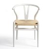 XN7031-B Sillón diseño vintage inspiración Wishbone madera blanco y asiento cuerda