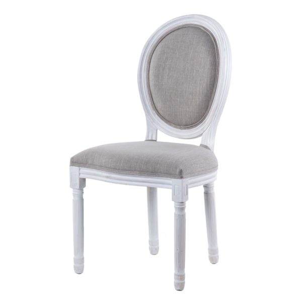 800067 Silla de diseño clásico madera blanco y lino gris