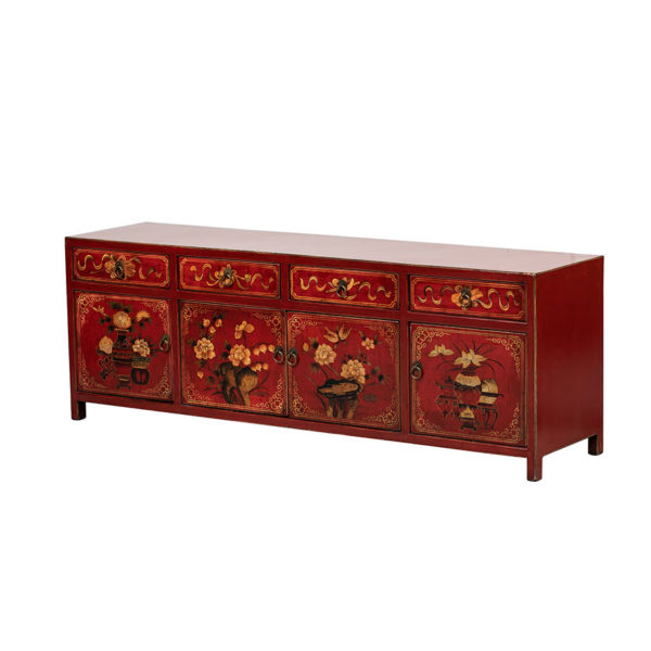 A309 Mueble de televisión diseño oriental 160 madera rojo dibujos flores