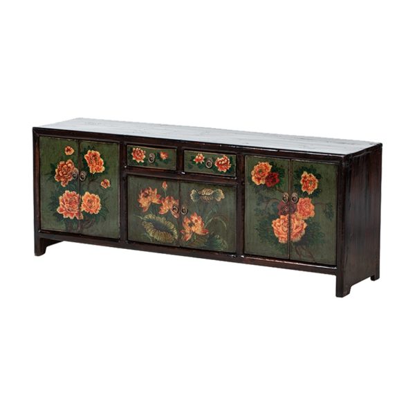 A341 Mueble de televisión diseño oriental 150 madera antigua con flores