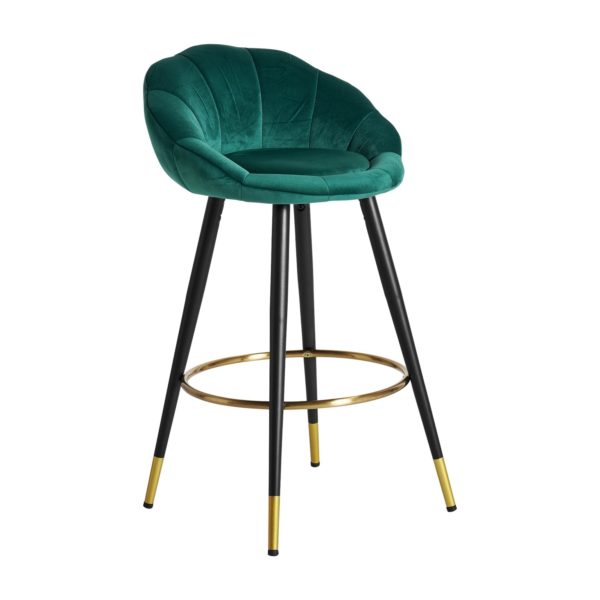 31295 Taburete alto de diseño Art Decó REDON tapizado terciopelo color verde y acero negro y dorado