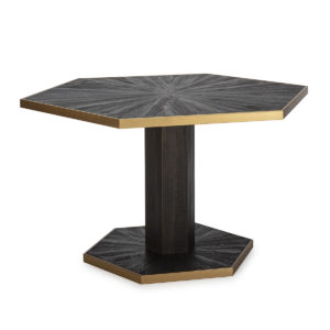 Mesa de comedor diseño Art Decó vintage hexagonal madera marrón oscuro y metal dorado