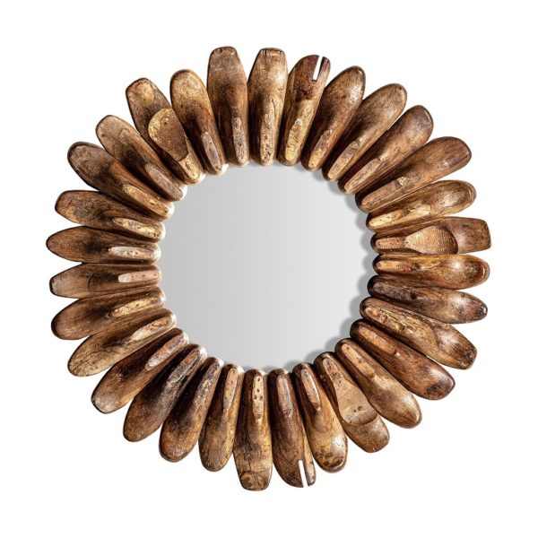 31418 Espejo decorativo de diseño étnico ROTH Ø110 madera de mango natural efecto envejecido