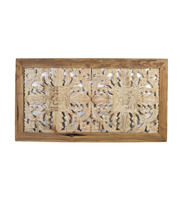 6880501 Cabecero de diseño rústico étnico 160 madera de teca reciclada hecho a mano con tallas florales