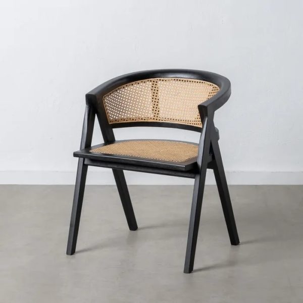 605882 Silla con reposabrazos diseño vintage madera negro y ratán rejilla
