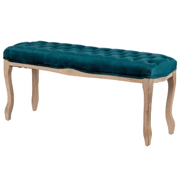 Banco o pie de cama diseño clásico terciopelo azul capitoné y patas madera tallas (1)