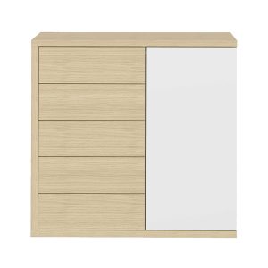 Cómoda de diseño moderno nórdico 5 cajones chapa de madera roble claro y puerta color blanco
