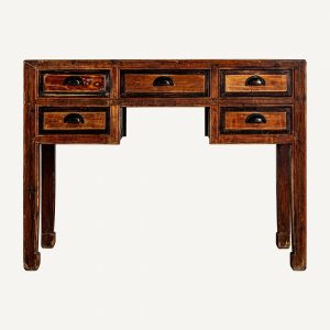 Escritorio diseño oriental fabricación artesanal madera de olmo reciclado natural efecto envejecido 5 cajones