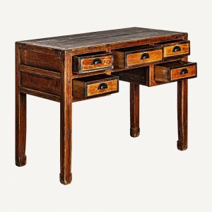 Escritorio diseño oriental fabricación artesanal madera de olmo reciclado natural efecto envejecido 5 cajones2