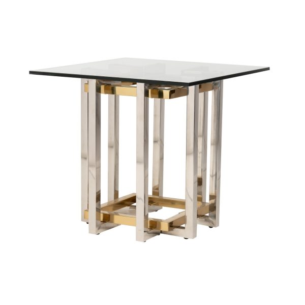 Mesa auxiliar diseño art decó acero y acrílico color dorado y plata y cristal transparente