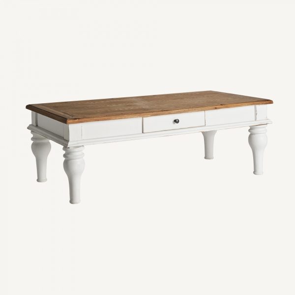 Mesa de centro rectangular diseño provenzal vintage madera blanco y natural desgastes patas torneadas2