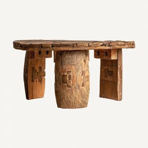 Mesa de centro redonda de diseño étnico madera de mango reciclada acabado natural efecto envejecido