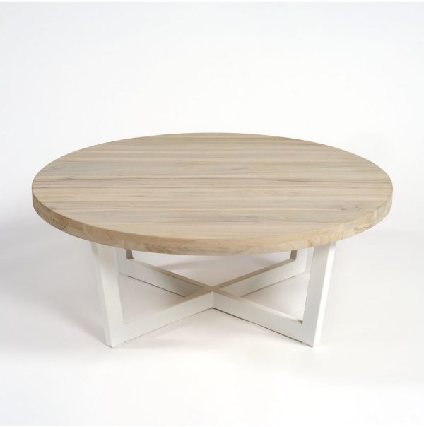 Mesa de centro redonda para exterior madera blanco envejecido y pata metal gris claro (1)