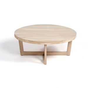 Mesa de centro redonda para exterior madera de teka acabado blanco envejecido (1)