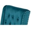 Silla de diseño clásico tapizado terciopelo azul verdoso capitoné y tachuelas (4)