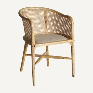 Sillón diseño vintage madera de abedul color natural respaldo rejilla asiento tapizado lino