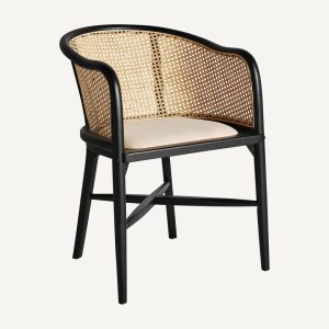 Sillón diseño vintage madera de abedul color negro respaldo rejilla asiento tapizado lino