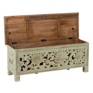607474 Baúl diseño rústico oriental 120 madera de mango verde y natural con tallas