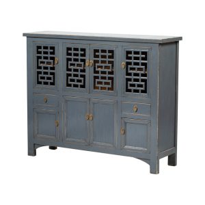 Aparador alto diseño oriental madera gris con desgastes y celosía en puertas (1)