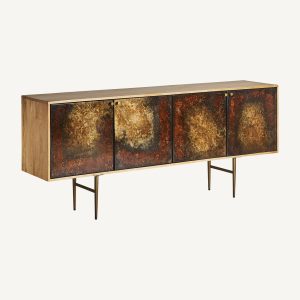 Aparador de diseño Art deco madera de mango acabado natural patas de hierro dorado2
