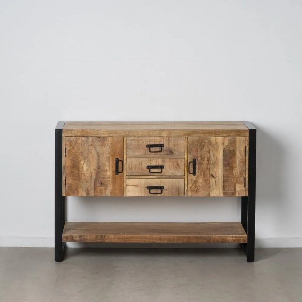 Aparador de diseño rústico industrial madera de mango y hierro color negro 2 puertas 3 cajones