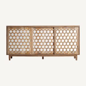 Aparador de diseño contemporáneo vintage madera de mango y chapa madera acabado natural y cristal