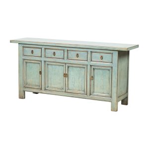 Aparador diseño oriental madera de pino acabado azul claro verdoso con desgastes (1)