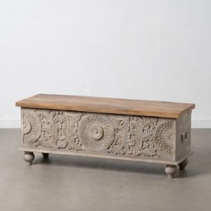 Baúl diseño rústico oriental madera gris con tallas y tapa color natural (1)