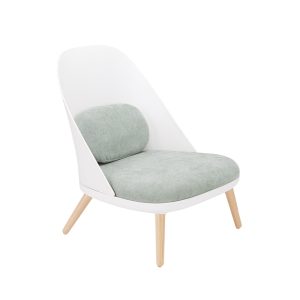 Butaca diseño nórdico moderno patas madera y asiento polipropileno blanco y tela verde