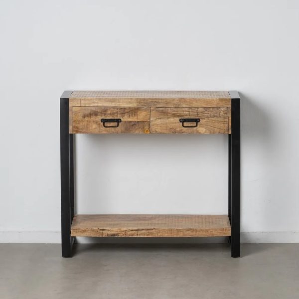 Consola de diseño rústico industrial madera de mango y hierro color negro 2 cajones balda inferior