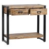 Consola de diseño rústico industrial madera de mango y hierro color negro 2 cajones balda inferior3