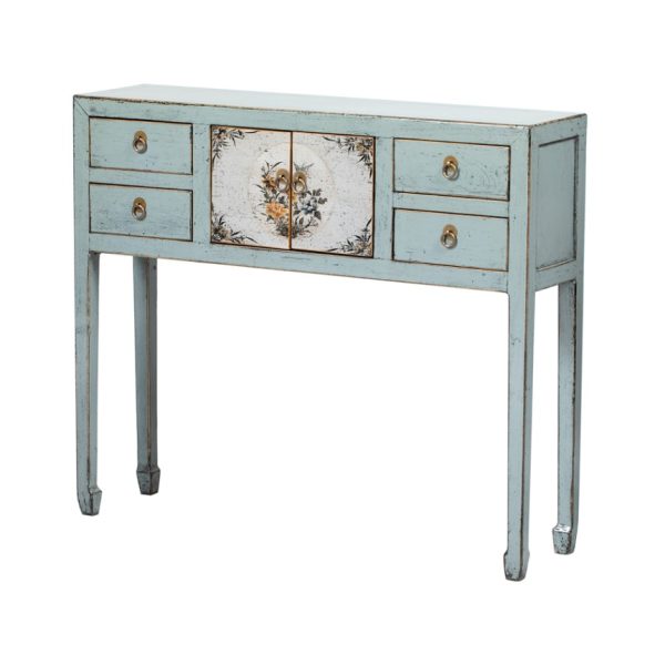Consola diseño vintage oriental madera azul con desgastes y dibujos flores (1)