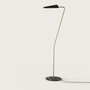 Lámpara de pie diseño moderno vintage mármol, acero oro y tulipa negro ondulada