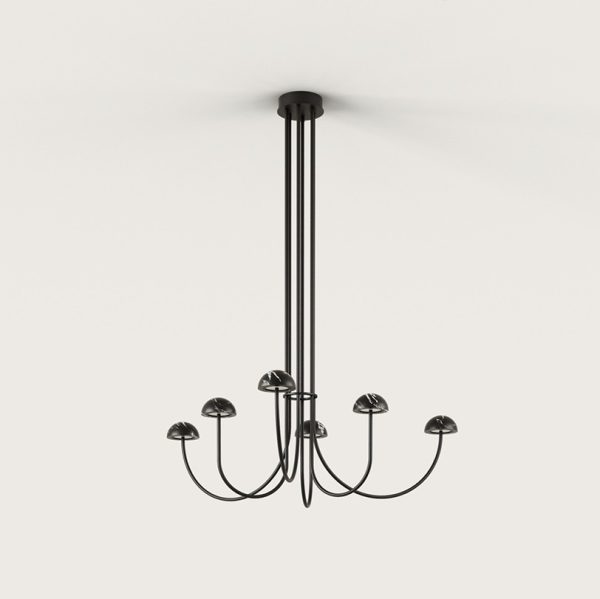 Lámpara de techo diseño vintage Art Decó 6 brazos curvados acero negro y mármol negro (2)