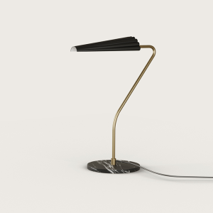 Lámpara sobremesa diseño vintage moderno mármol, acero oro y tulipa ondulada negro